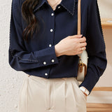 French Commuter Lapel Topstitch Long Sleeve Chiffon Blouse