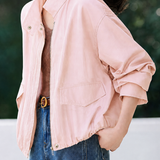 Casual Commuter Stand Collar Zip Cropped Jacket With Gathered Hem