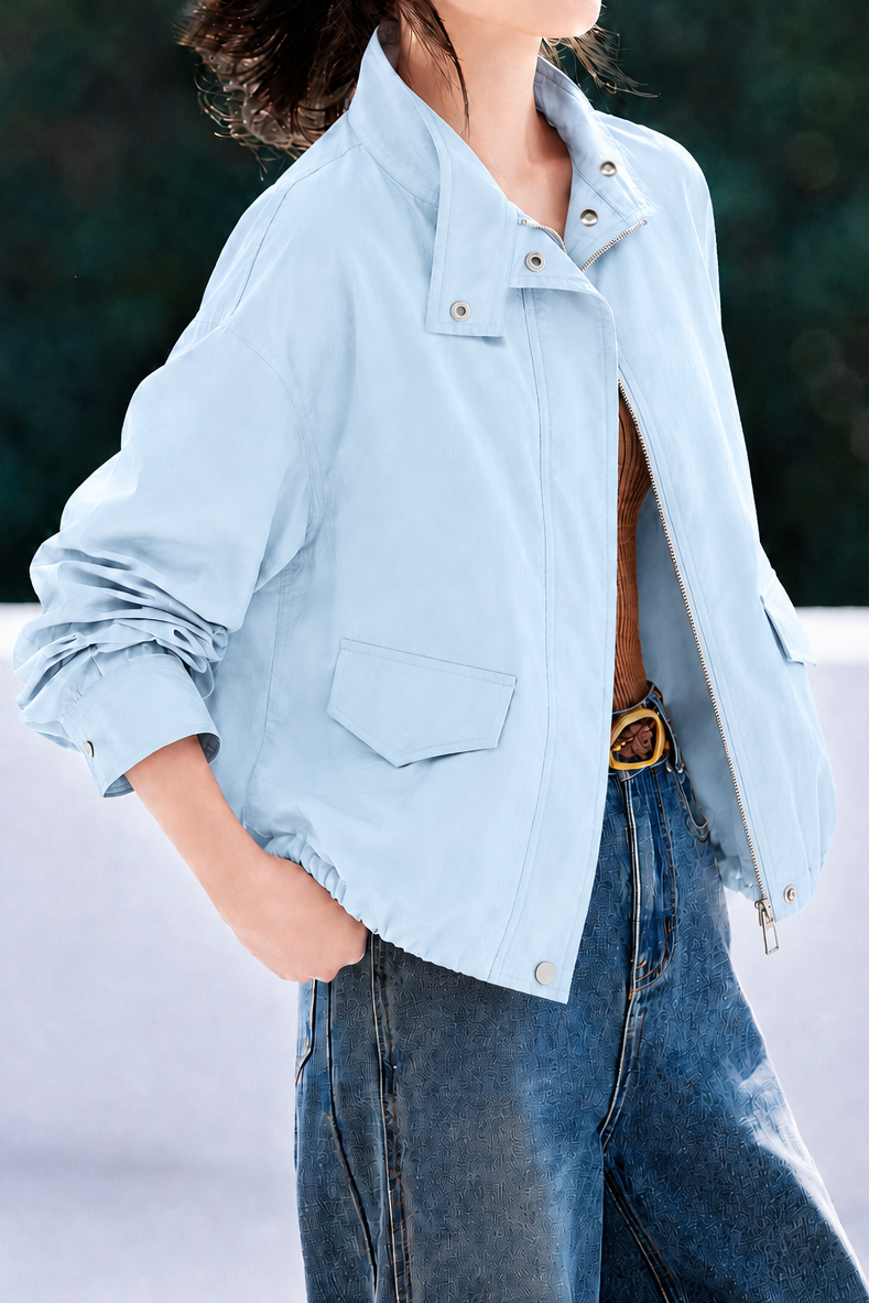 Casual Commuter Stand Collar Zip Cropped Jacket With Gathered Hem