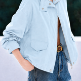 Casual Commuter Stand Collar Zip Cropped Jacket With Gathered Hem
