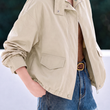 Casual Commuter Stand Collar Zip Cropped Jacket With Gathered Hem