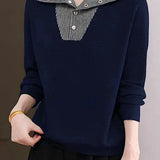 Elegant Commuter Lapel Color-Block Striped Fake Two-Piece Knit Top