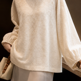 Vintage Shadow Jacquard Blouse With Teardrop Buttons & Lantern Sleeves