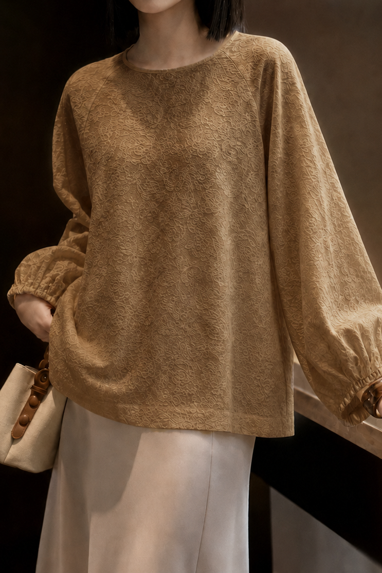 Vintage Shadow Jacquard Blouse With Teardrop Buttons & Lantern Sleeves