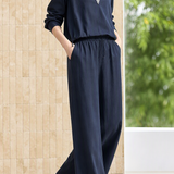 Elegant Casual Two-Piece Set: Deep V Spliced Lapel Long-Sleeve Top & Wide-Leg Pants