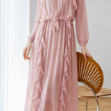 Exquisite Gentle Ruffle Collar Tie Waist Long-Sleeve Lantern Dress