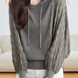 Elegant Casual Hooded Drawstring Spliced Batwing Sweatshirt