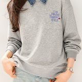 Casual Commuter Denim Spliced Lapel Embroidered Long-Sleeve Sweatshirt