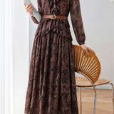 Exquisite Vintage Printed V-Neck Ruffled Lantern Long-Sleeve Dress