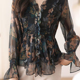 Exquisite Commuter Flared Sleeve Ruffled Waist-Cinched Chiffon Blouse
