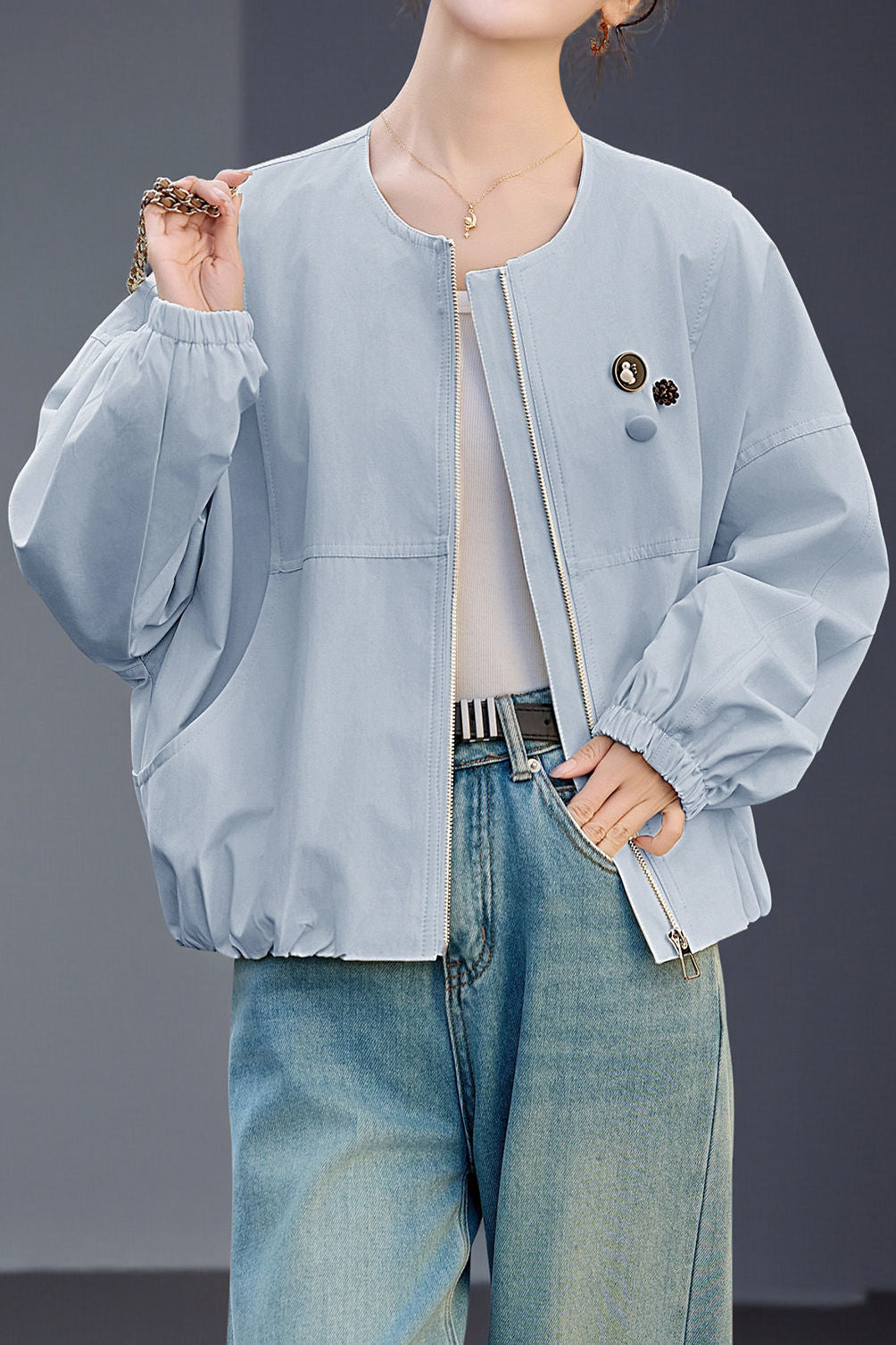 Elegant Commuter Crew Neck Zip Long-Sleeve Coat