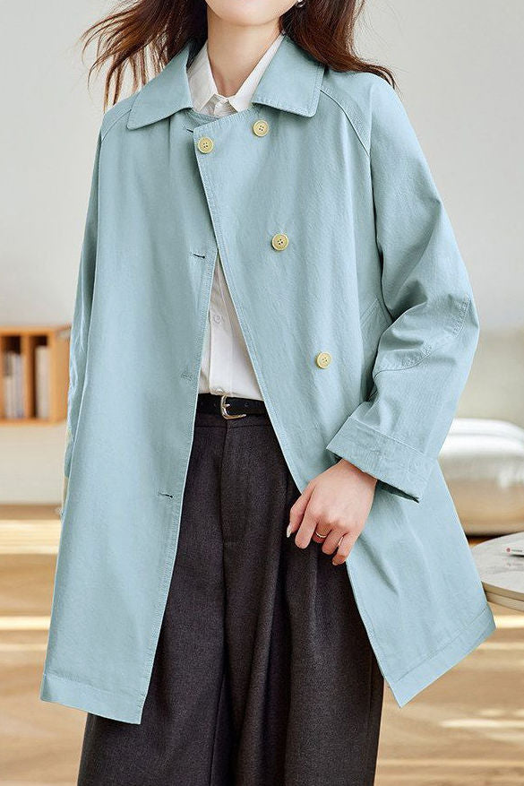 Elegant Commuter Lapel Double-Breasted Long-Sleeve Trench Coat