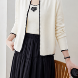 Elegant Commuter Two-Piece Set: Crew Neck Contrast Trim Long-Sleeve Cardigan