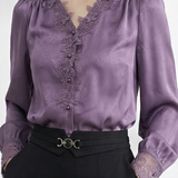 French Commuter V-Neck Lantern Sleeve Blouse With Lace Trim