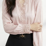 French Commuter V-Neck Lantern Sleeve Blouse With Lace Trim