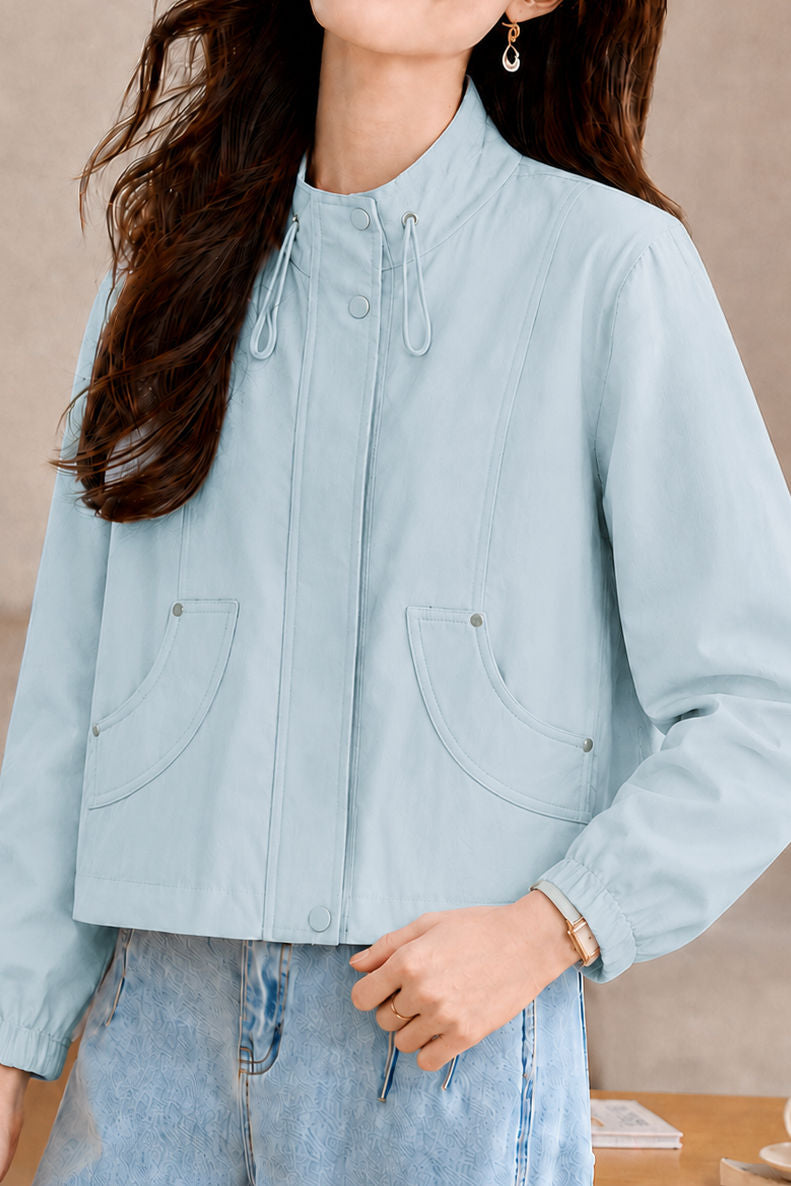Casual Commuter Stand Collar Drawstring Zip Long-Sleeve Jacket