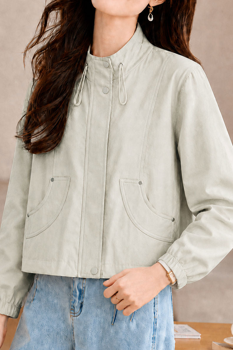 Casual Commuter Stand Collar Drawstring Zip Long-Sleeve Jacket