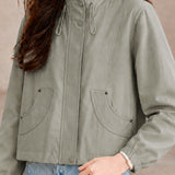 Casual Commuter Stand Collar Drawstring Zip Long-Sleeve Jacket