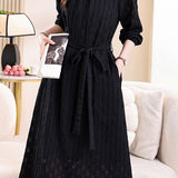 Elegant Commuter Stand Collar Tie Waist Long-Sleeve Dress