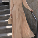 French Commuter Tie Mock Neck Long-Sleeve Dress