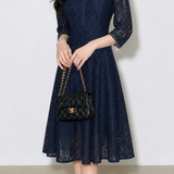 Elegant Commuter Stand Collar Three-Quarter Sleeve Dress With Lace Trim