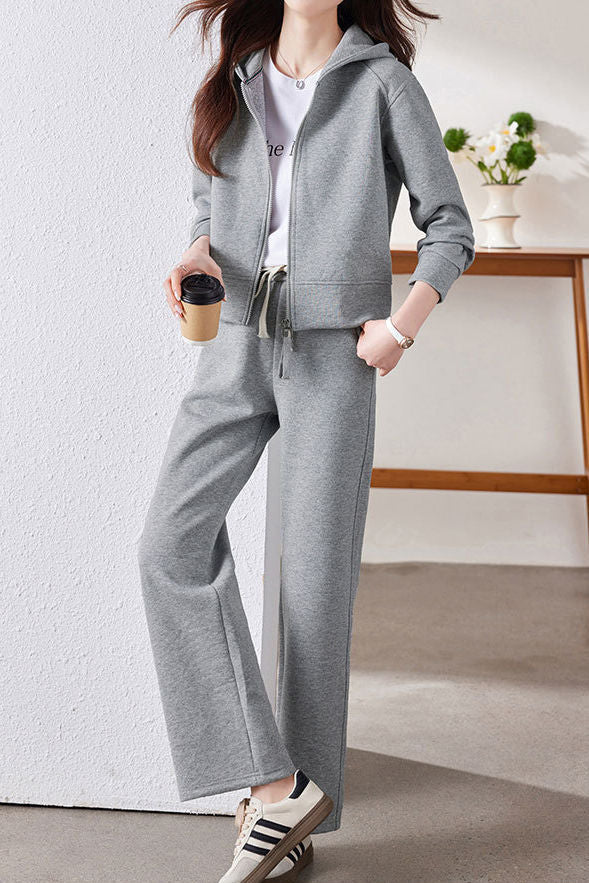 Casual Two‑Piece Set: Hooded Zip‑Up Long‑Sleeve Top & Drawstring Pants