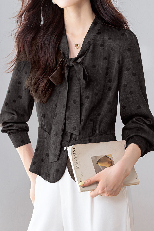 French Commuter V‑Neck Long‑Sleeve Blouse With Tie Detail And Polka‑Dot Print
