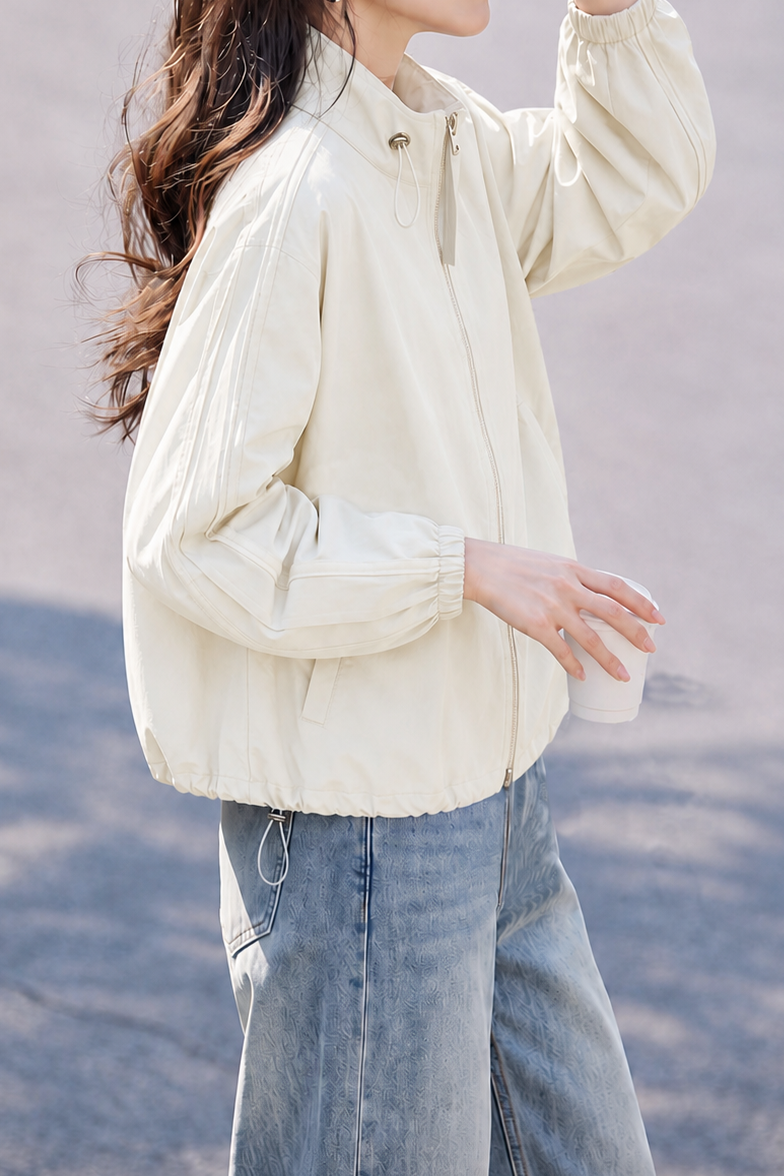 Casual Commuter Stand‑Collar Long‑Sleeve Zip‑Up Jacket With Drawstrings