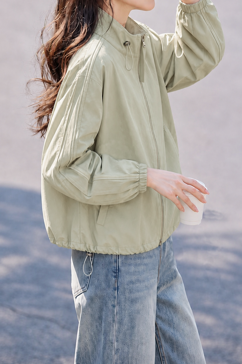 Casual Commuter Stand‑Collar Long‑Sleeve Zip‑Up Jacket With Drawstrings