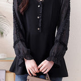 Exquisite Commuter V‑Neck Long‑Sleeve Blouse With Ruffle Trim