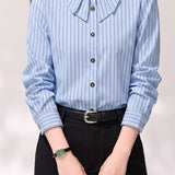 Exquisite Commuter Vertical‑Stripe Long‑Sleeve Blouse With Peter‑Pan Collar