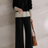 Casual V‑Neck Color‑Block Long‑Sleeve Knit Top & Wide‑Leg Pants Two‑Piece Set