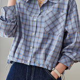 Casual Commuter Lapel Plaid Button‑Front Long‑Sleeve Blouse