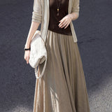 Elegant Commuter Three‑Piece Set: Knit Cardigan, Camisole Top & Midi Skirt