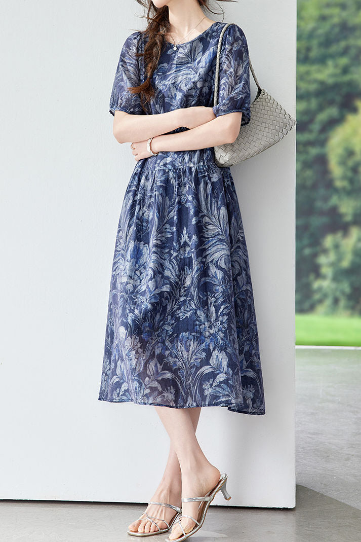 Exquisite Date‑Style Crew‑Neck Short‑Sleeve Dress With Botanical Print