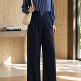 Elegant Commuter V‑Neck Tie Long‑Sleeve Blouse & Wide‑Leg Pants Two‑Piece Set
