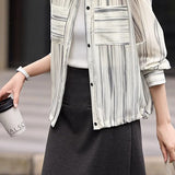 Casual Commuter Color‑Block Lapel Long‑Sleeve Blouse With Vertical Stripe Print