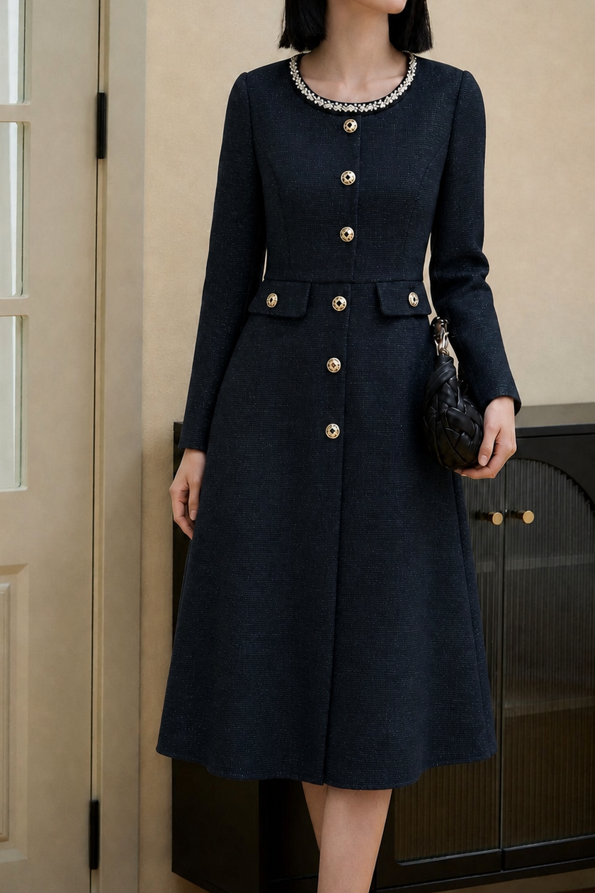 Exquisite Commuter Crew‑Neck Long‑Sleeve Dress With Pearl Trim