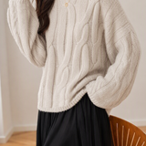 Elegant Lazy‑Style Crew‑Neck Long‑Sleeve Cable‑Knit Sweater