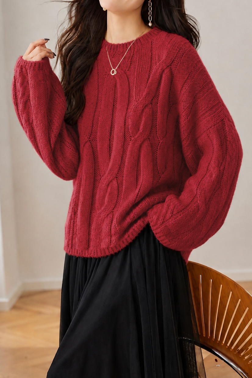 Elegant Lazy‑Style Crew‑Neck Long‑Sleeve Cable‑Knit Sweater