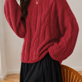 Elegant Lazy‑Style Crew‑Neck Long‑Sleeve Cable‑Knit Sweater