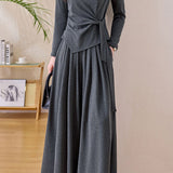 Casual Commuter Crew Neck Twisted Tie Long‑Sleeve Top Wide‑Leg Pants Set