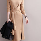 Elegant Commuter Mock Neck Tie Waist Dress
