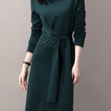 Elegant Commuter Mock Neck Tie Waist Dress
