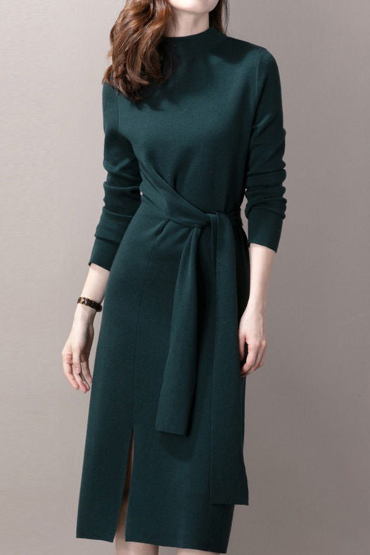 Elegant Commuter Mock Neck Tie Waist Dress