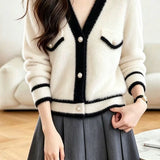 Exquisite Elegant V‑Neck Color‑Block Long‑Sleeve Knit Cardigan