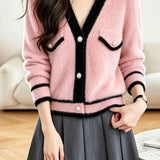 Exquisite Elegant V‑Neck Color‑Block Long‑Sleeve Knit Cardigan
