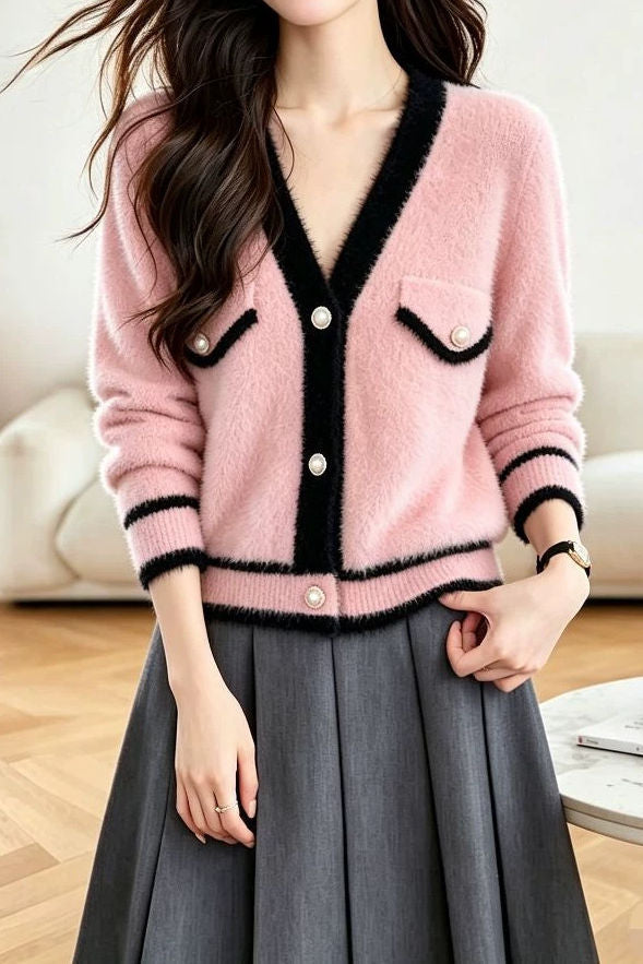 Exquisite Elegant V‑Neck Color‑Block Long‑Sleeve Knit Cardigan