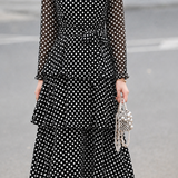 Exquisite Date Polka‑Dot Print Ruffled Stand‑Collar Long‑Sleeve Dress