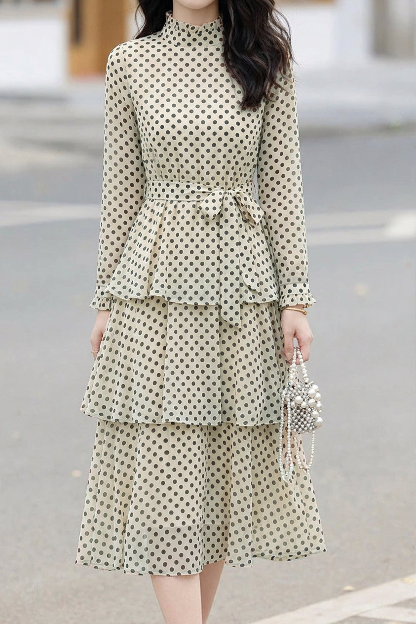 Exquisite Date Polka‑Dot Print Ruffled Stand‑Collar Long‑Sleeve Dress